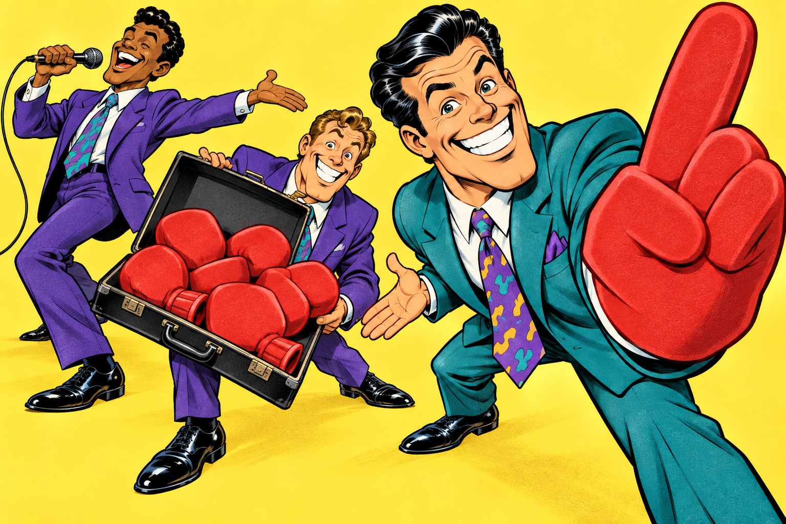 Three ridiculous cartoon salesmen with giant foam props and a microphone